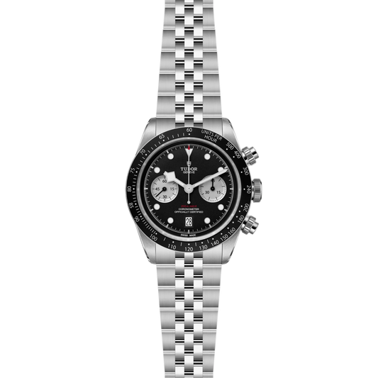 full view of Tudor chronograph showing the complete stainless steel bracelet and clean, sporty case profile