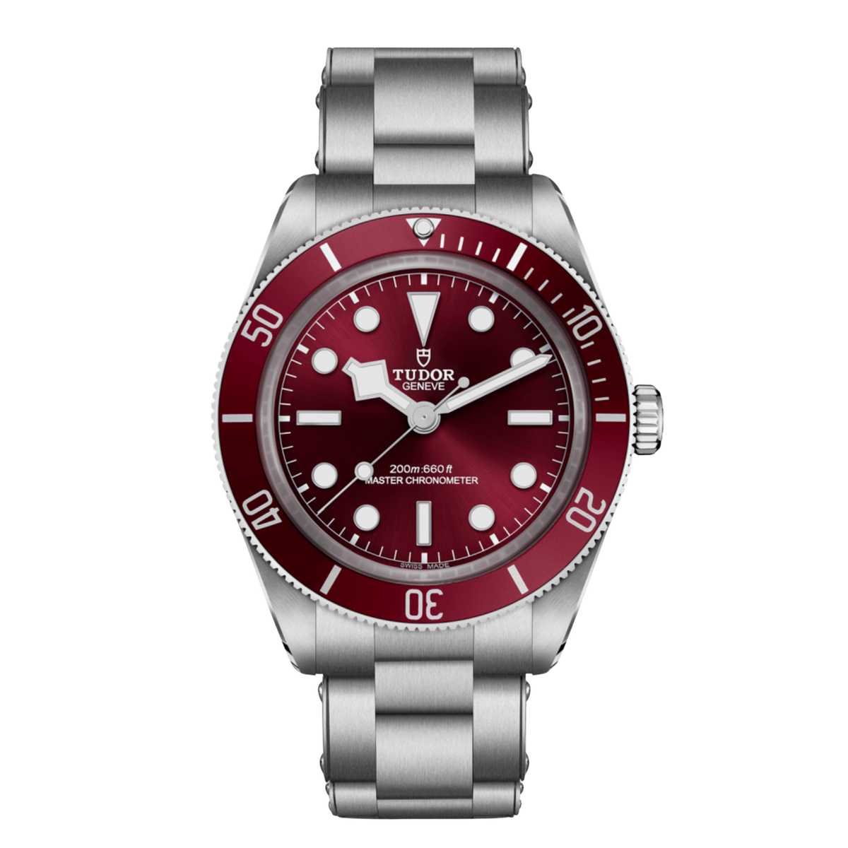 Tudor dive watch with red dial, matching bezel, luminous markers and stainless steel bracelet