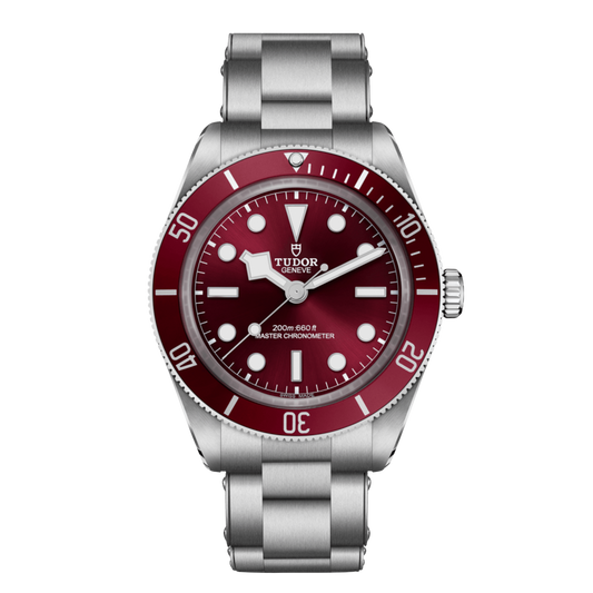 Tudor dive watch with red dial, matching bezel, luminous markers and stainless steel bracelet