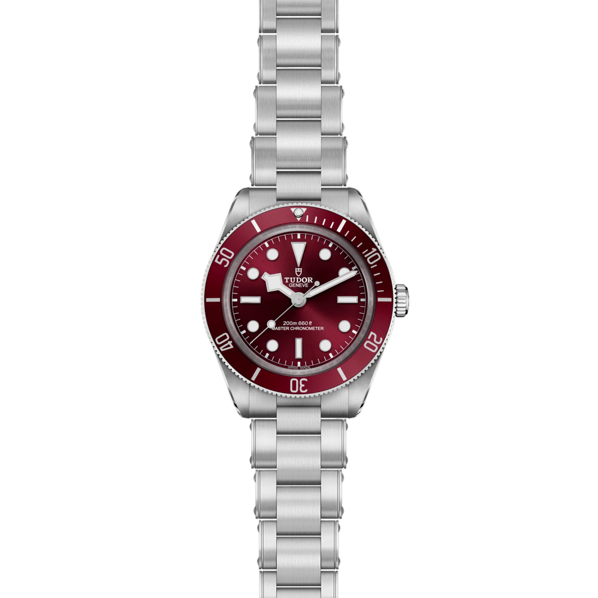 full view of Tudor dive watch showing the complete stainless steel bracelet and robust, tool-style case profile