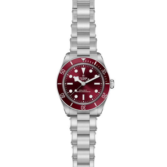 full view of Tudor dive watch showing the complete stainless steel bracelet and robust, tool-style case profile