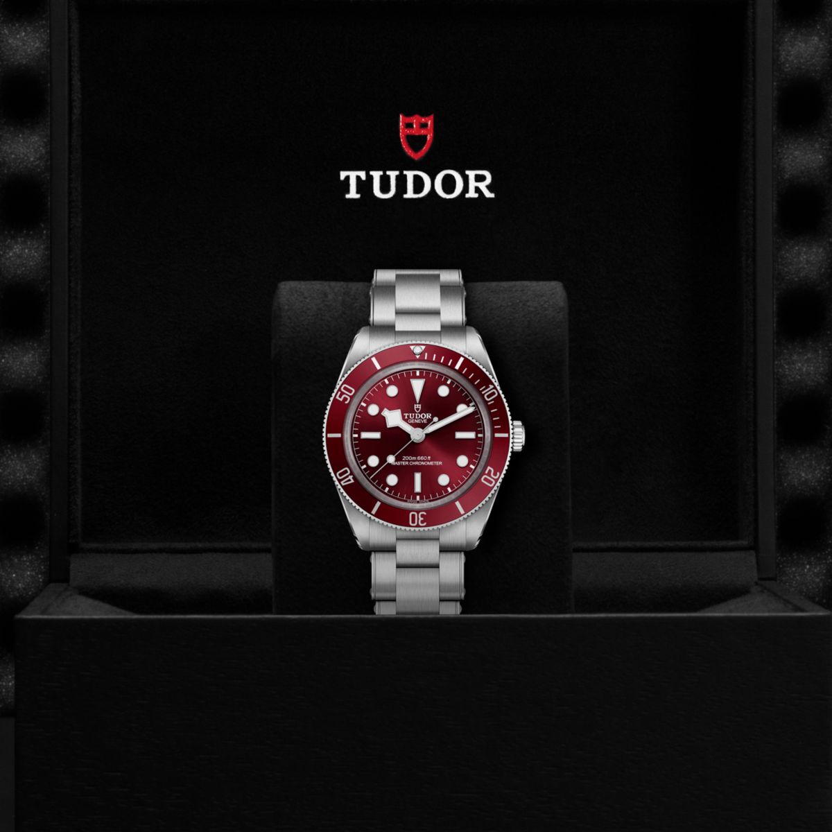 Tudor dive watch displayed in its presentation box showcasing the premium packaging and interior finish