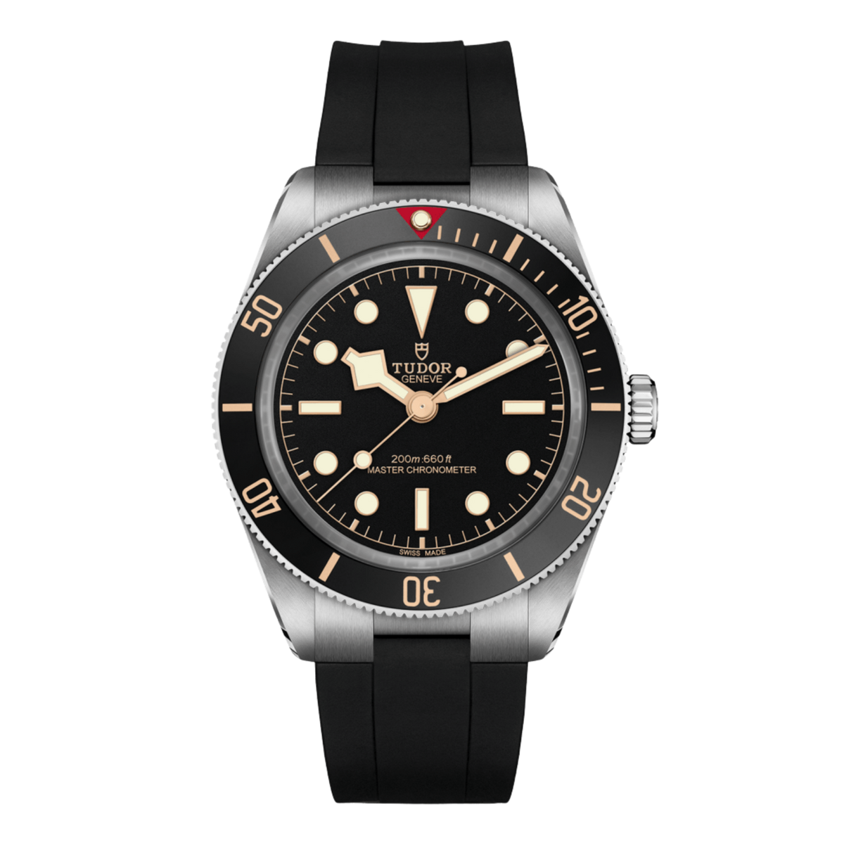 front view of Tudor Black Bay watch with black dial, black bezel, gilt-tone accents and black rubber strap

