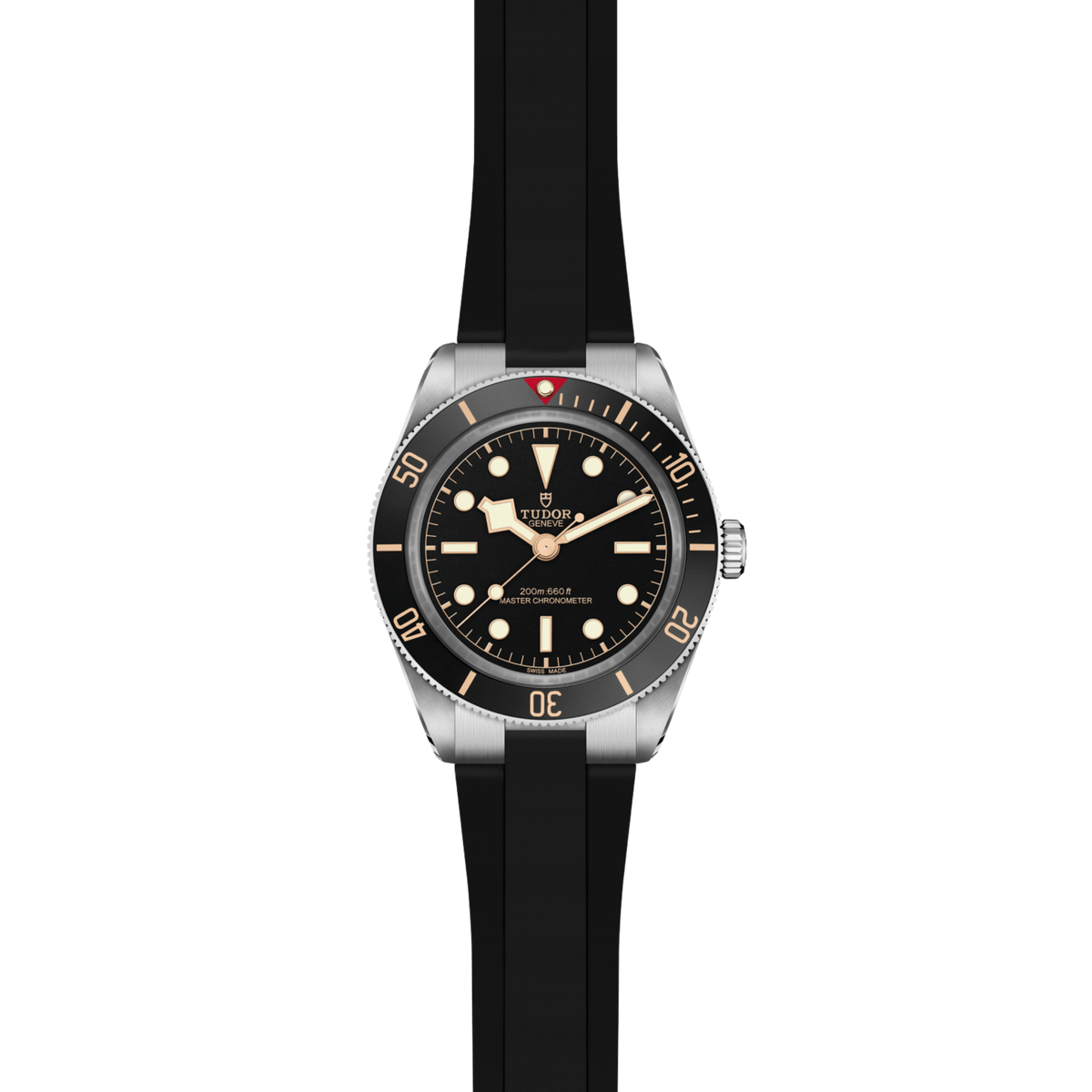 view of Tudor Black Bay watch case, crown and brushed stainless steel profile with unidirectional dive bezel detail

