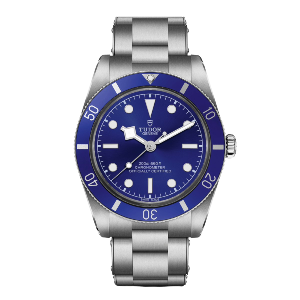 Image 1 front view of Tudor Black Bay blue dial dive watch with matching blue bezel and stainless steel bracelet
