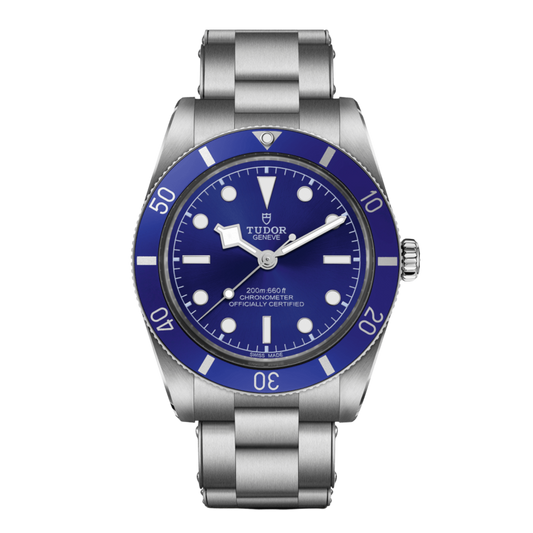 Image 1 front view of Tudor Black Bay blue dial dive watch with matching blue bezel and stainless steel bracelet

