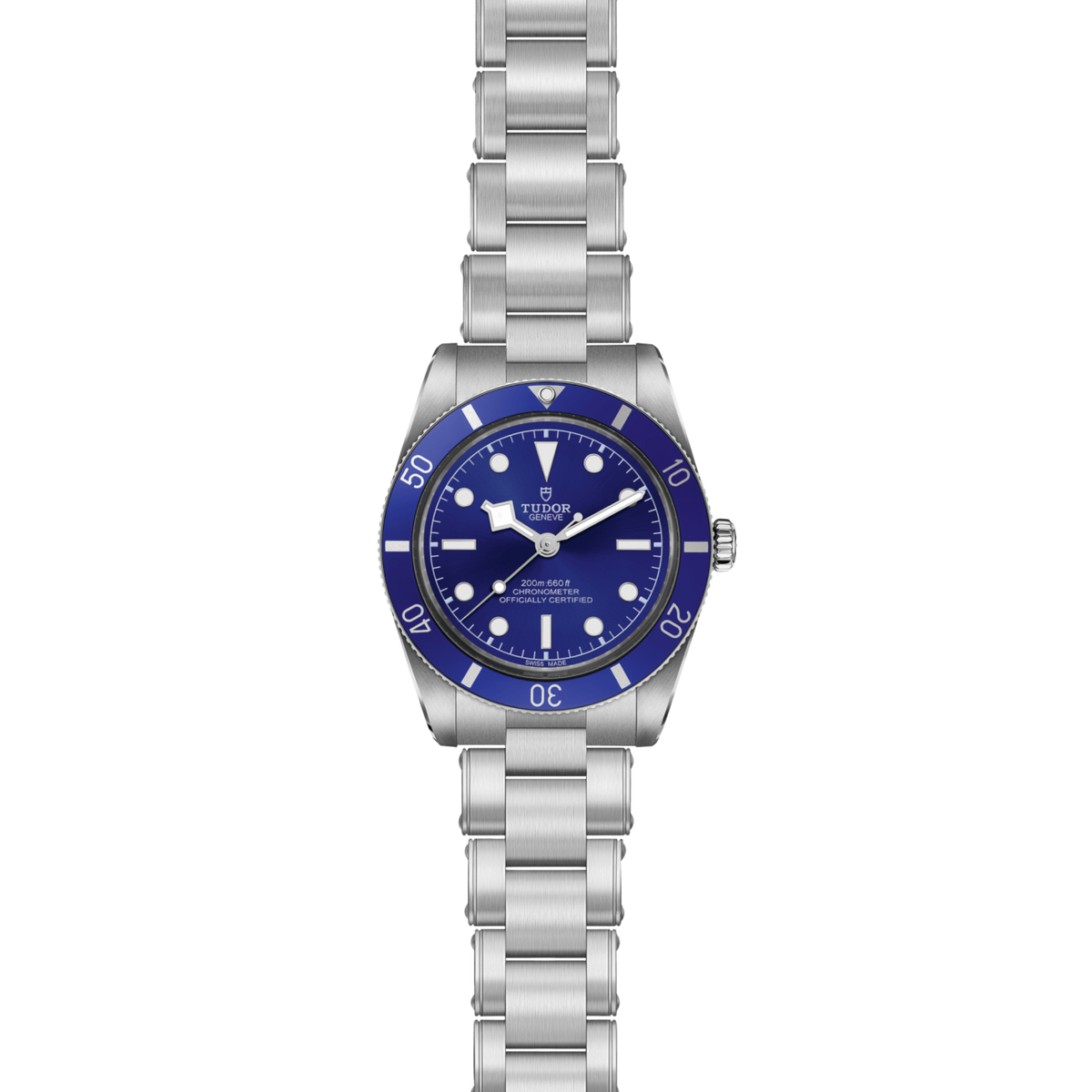side view of Tudor Black Bay watch case, crown and brushed stainless steel profile with blue bezel detail

