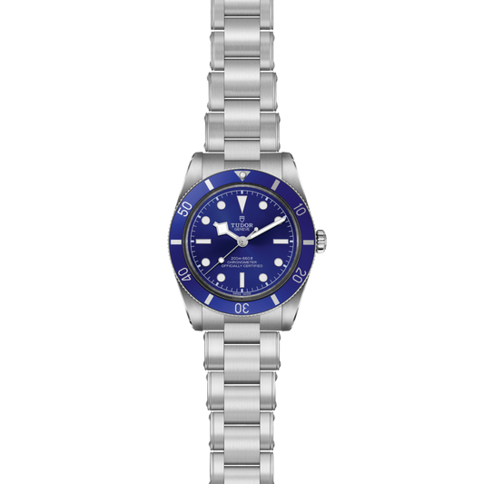side view of Tudor Black Bay watch case, crown and brushed stainless steel profile with blue bezel detail
