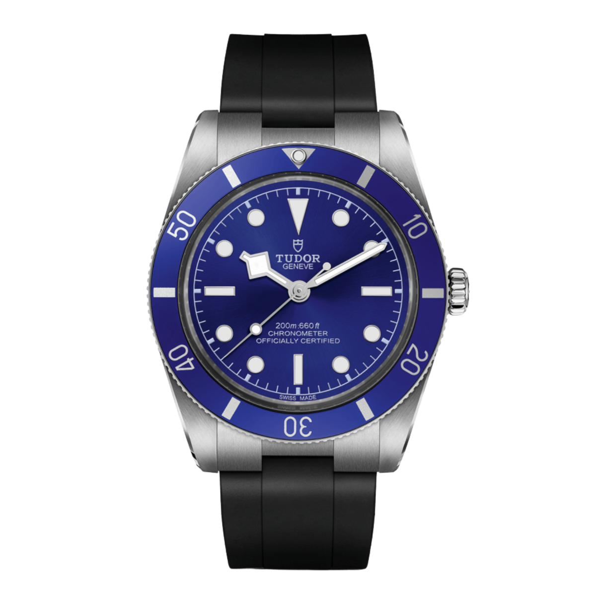 Front facing view of Tudor Black Bay 54 in size 37mm with bright blue dial and bezel. 