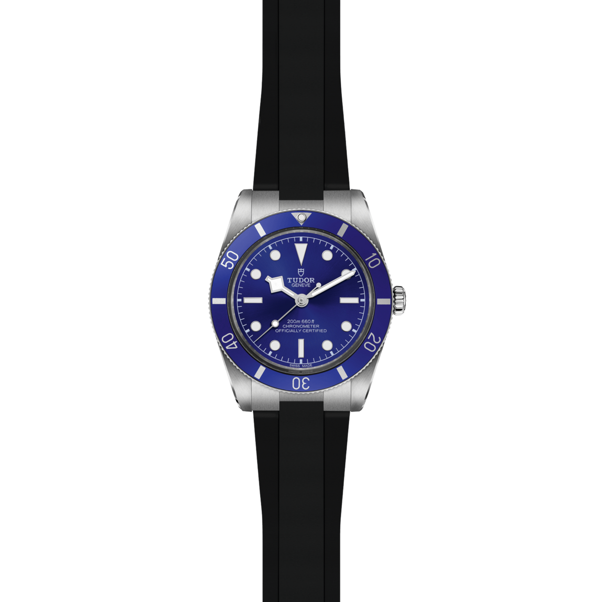 Image 1 front view of Tudor Black Bay blue dial dive watch with matching blue bezel and black rubber strap
