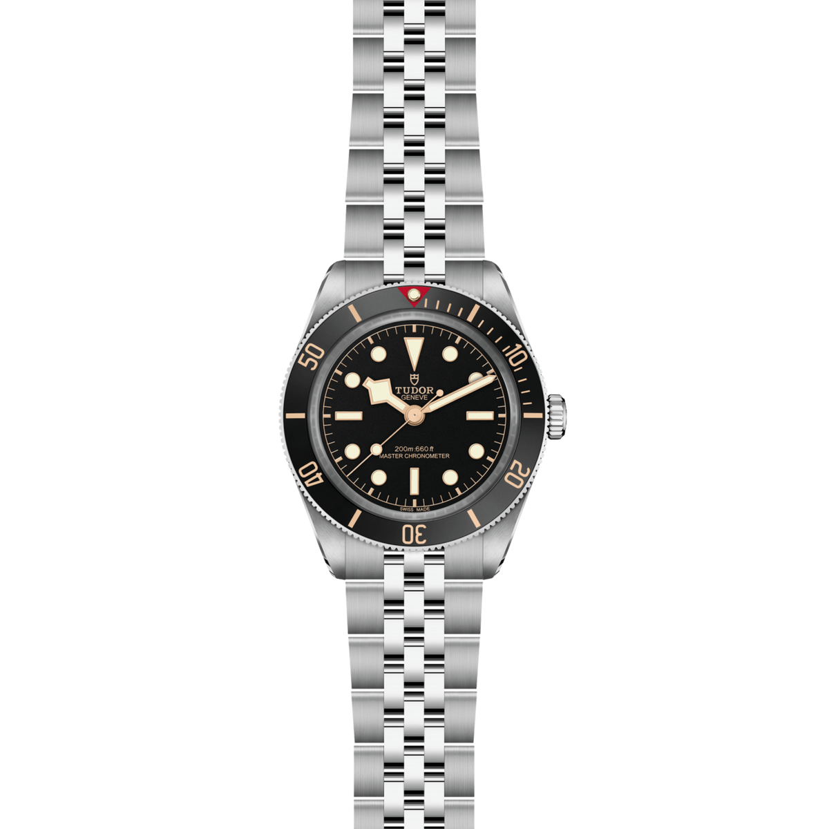 Silver watch with black face and red second hand on a white background