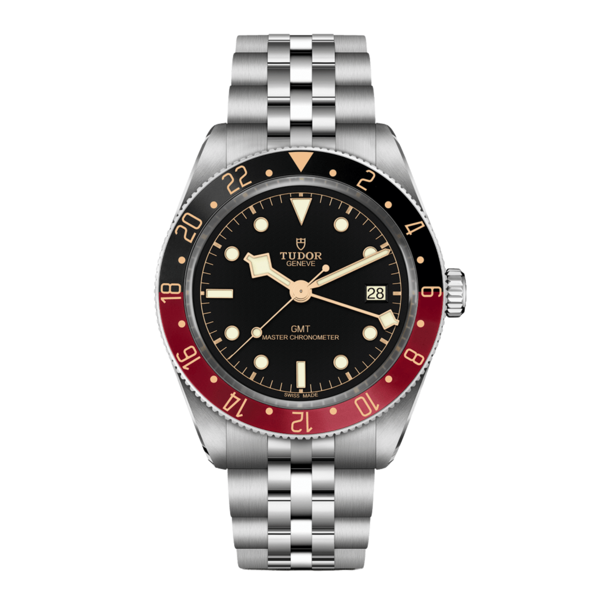 front view of Tudor Black Bay GMT watch with black dial, burgundy and black 24-hour bezel, GMT hand and stainless steel Jubilee-style bracelet
