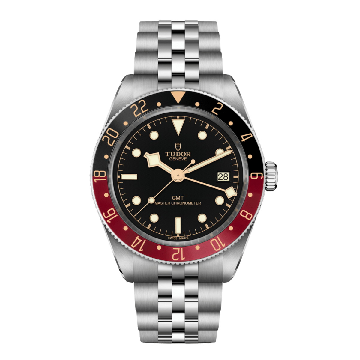 front view of Tudor Black Bay GMT watch with black dial, burgundy and black 24-hour bezel, GMT hand and stainless steel Jubilee-style bracelet