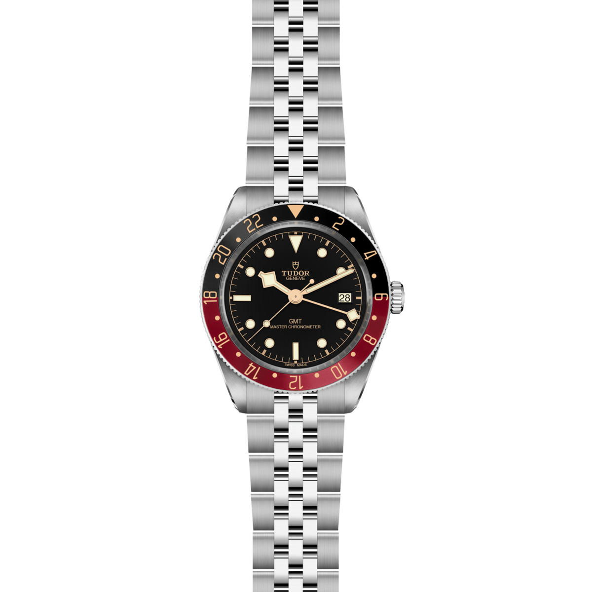 side view of Tudor GMT watch case, crown and brushed stainless steel profile with bidirectional 24-hour bezel detail
