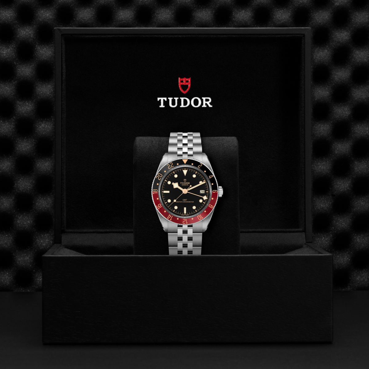 Tudor watch in a black display case with a checkered pattern background