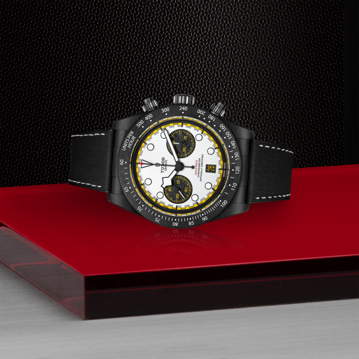 Inspired by the world of motorsport, the Tudor Black Bay Chrono Carbon 26 combines advanced carbon construction with precision chronograph functionality. A white dial, automatic Manufacture movement and robust 200m water resistance complete this exceptional sports watch.