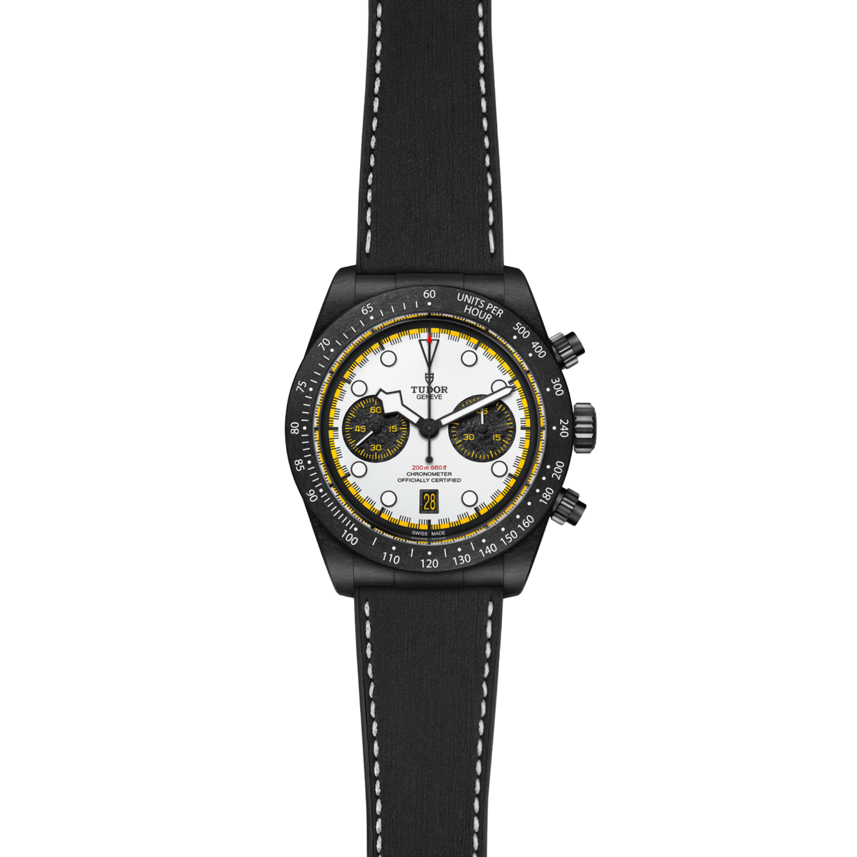 Combining racing inspired design with Tudor's renowned craftsmanship, the Black Bay Chrono Carbon 26 features a 42mm carbon composite case, white chronograph dial, 70 hour power reserve and 200m water resistance for outstanding everyday performance.