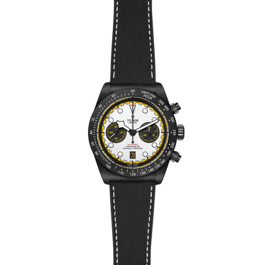 Combining racing inspired design with Tudor's renowned craftsmanship, the Black Bay Chrono Carbon 26 features a 42mm carbon composite case, white chronograph dial, 70 hour power reserve and 200m water resistance for outstanding everyday performance.