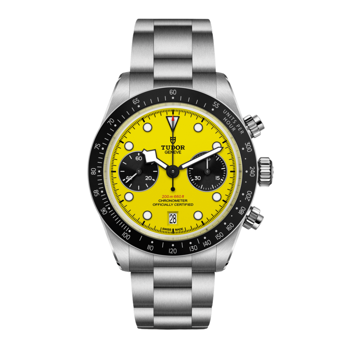 The TUDOR Black Bay Chrono 39mm makes a bold statement with its vibrant yellow dial, black sub-counters and stainless steel case, blending vintage-inspired style with modern performance.