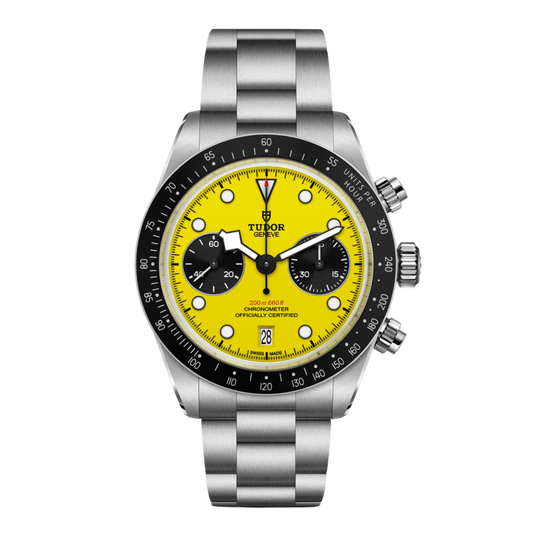 The TUDOR Black Bay Chrono 39mm makes a bold statement with its vibrant yellow dial, black sub-counters and stainless steel case, blending vintage-inspired style with modern performance.