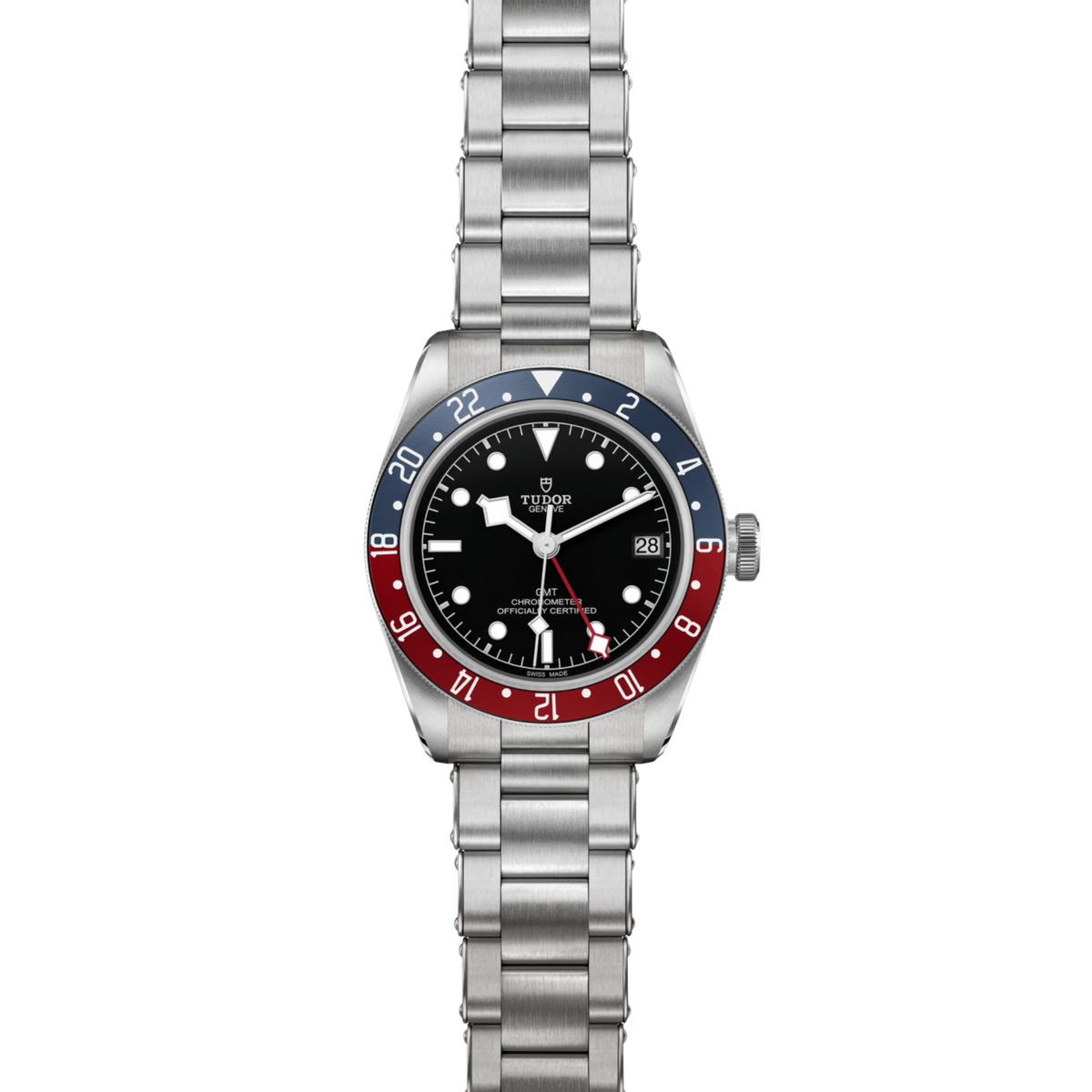 full view of Tudor Black Bay GMT showing the brushed steel bracelet and balanced case proportions
