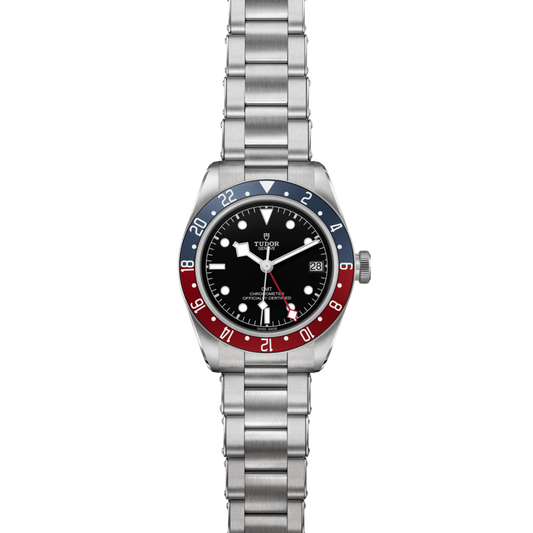 full view of Tudor Black Bay GMT showing the brushed steel bracelet and balanced case proportions
