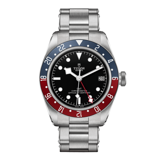 Tudor Black Bay GMT watch with black dial, blue and red “Pepsi” bezel and stainless steel bracelet