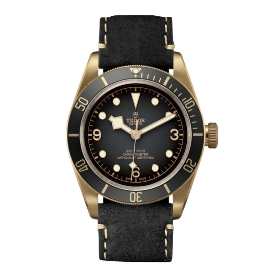 Tudor bronze dive watch with brown dial, gold-tone accents, Arabic numerals and matching unidirectional bezel on leather strap
