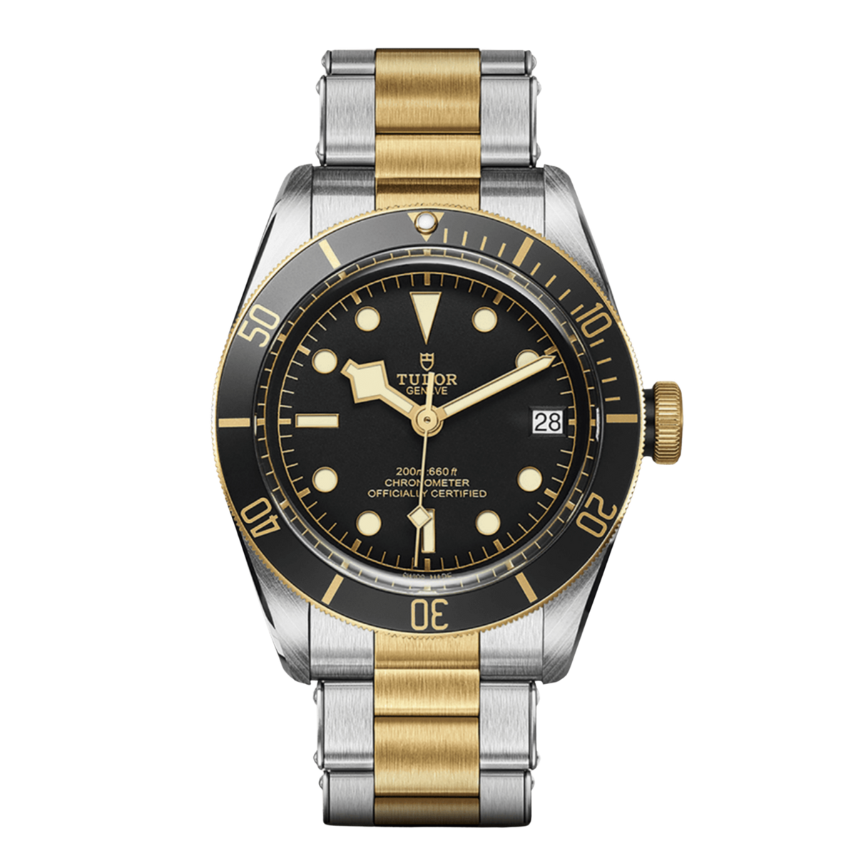 Tudor Black Bay watch with black dial, black and gold bezel and steel and yellow gold bracelet