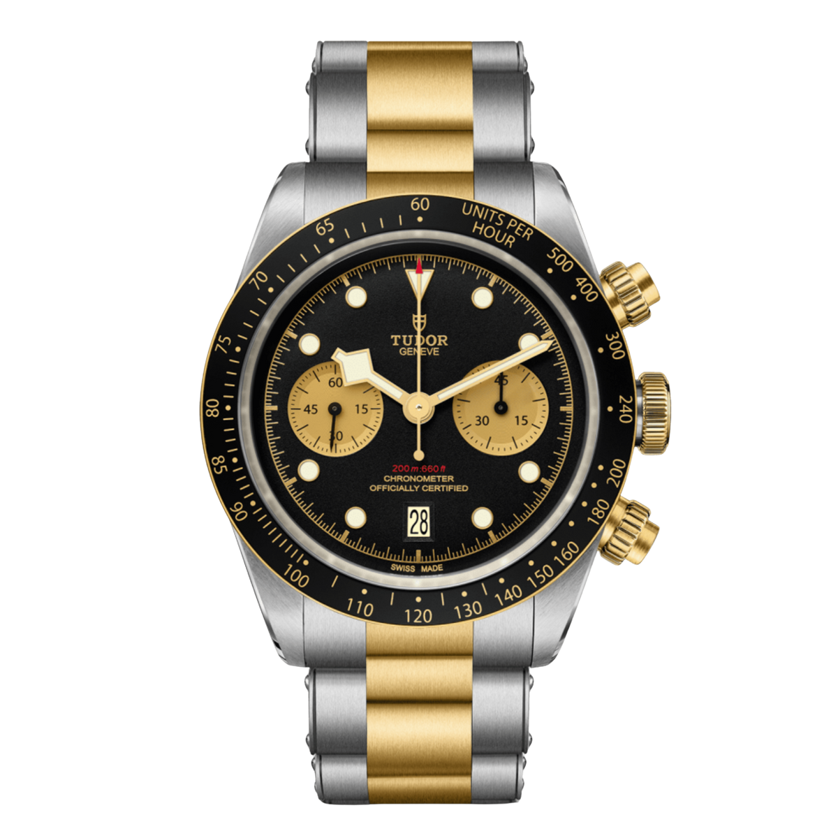 Tudor chronograph watch with black dial, gold sub-dials, tachymeter bezel and two-tone steel and yellow gold bracelet