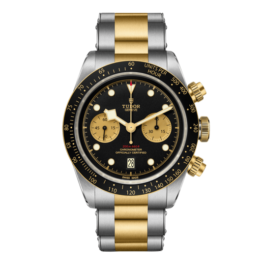 Tudor chronograph watch with black dial, gold sub-dials, tachymeter bezel and two-tone steel and yellow gold bracelet