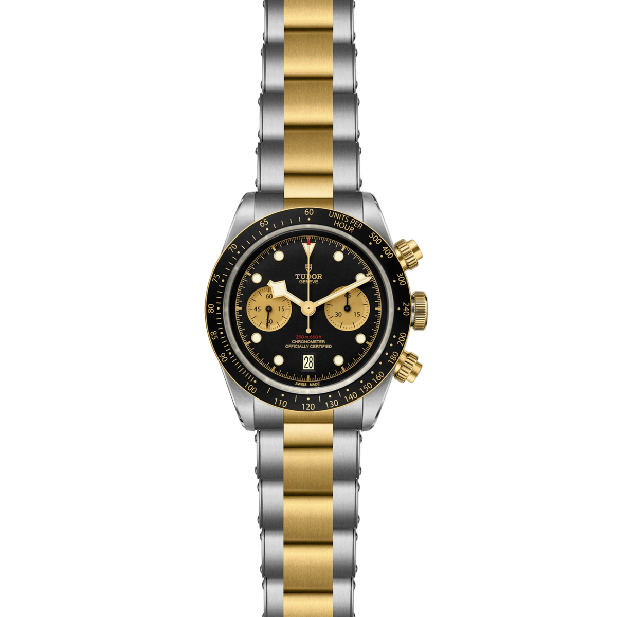 full view of Tudor chronograph showing the complete two-tone bracelet and bold, sporty case profile