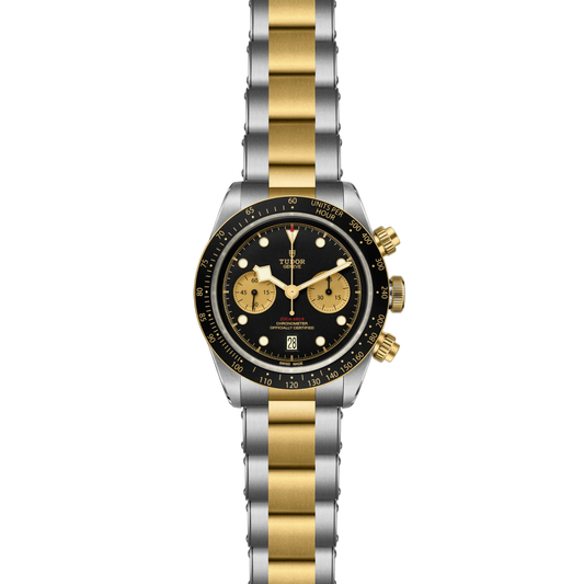 full view of Tudor chronograph showing the complete two-tone bracelet and bold, sporty case profile