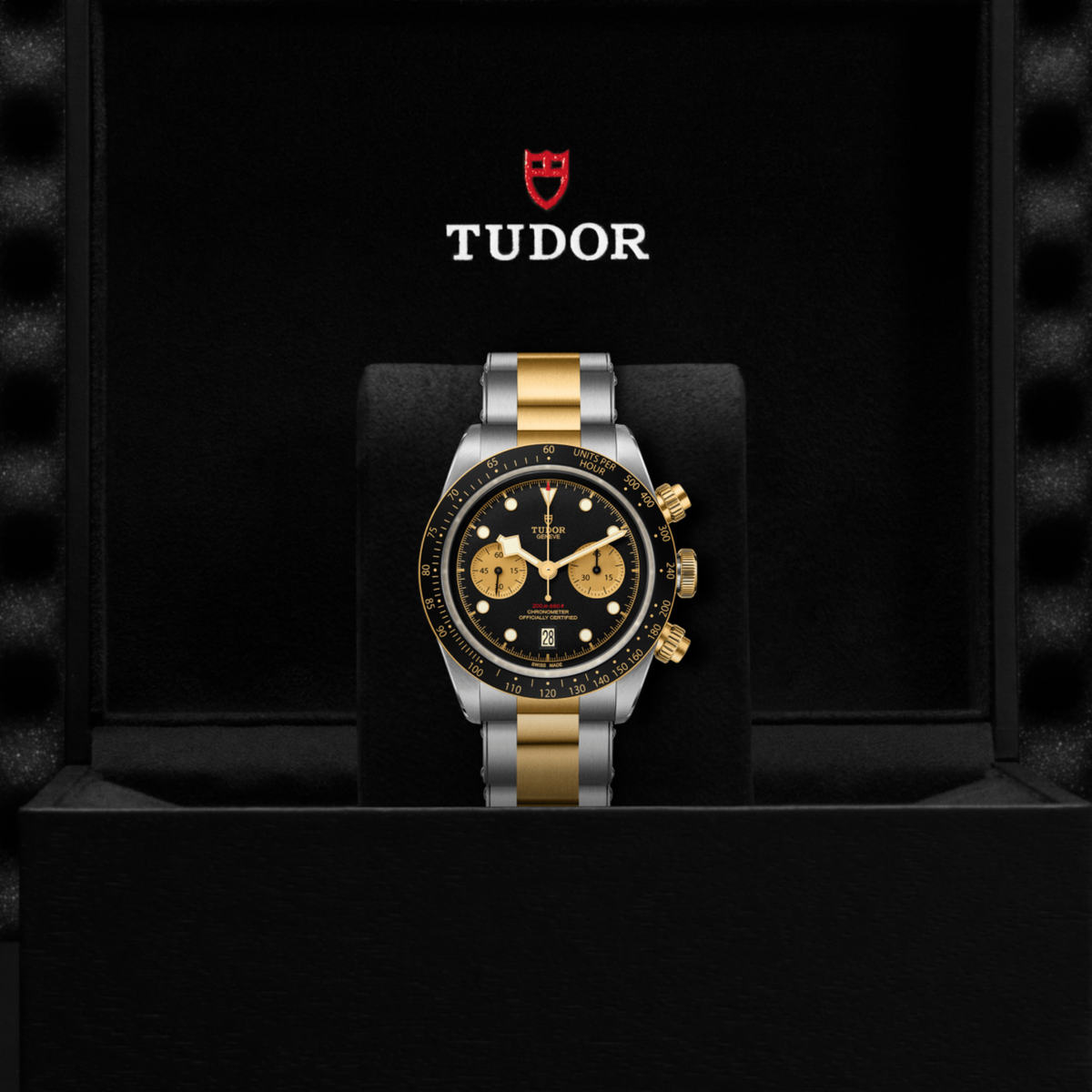 Tudor chronograph displayed in its presentation box showcasing the premium packaging and interior finish