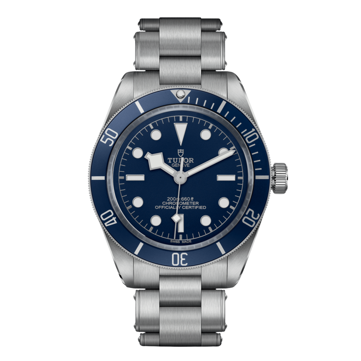 Tudor stainless steel dive watch with blue dial, luminous hour markers and blue unidirectional bezel.