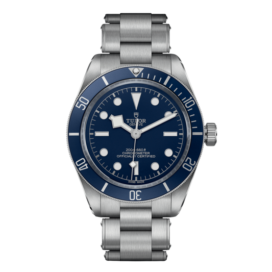 Tudor stainless steel dive watch with blue dial, luminous hour markers and blue unidirectional bezel.