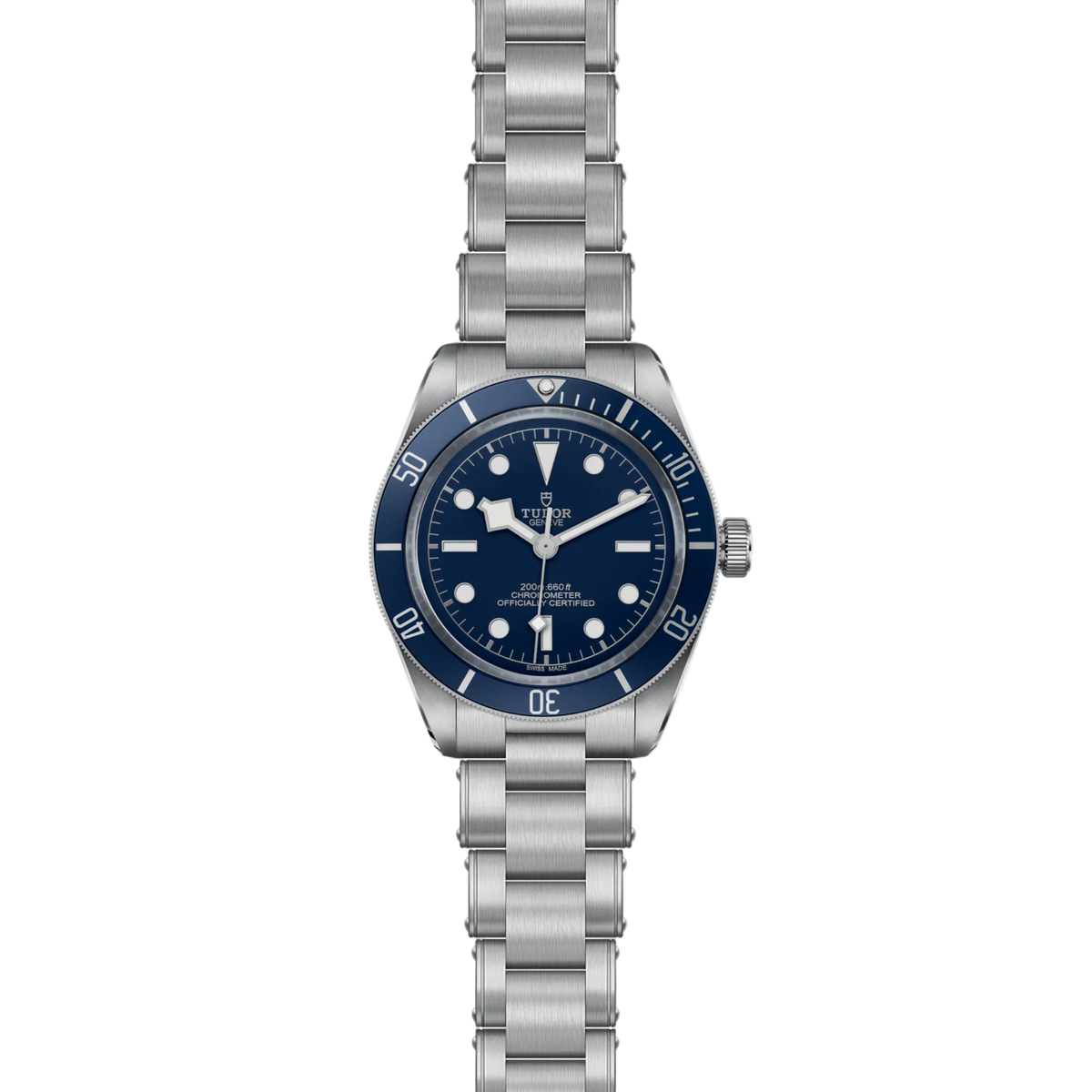 full view of Tudor watch showing the complete stainless steel bracelet and robust case profile