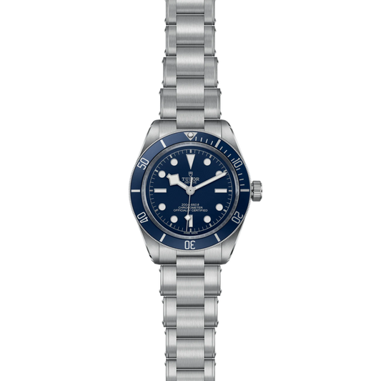 full view of Tudor watch showing the complete stainless steel bracelet and robust case profile