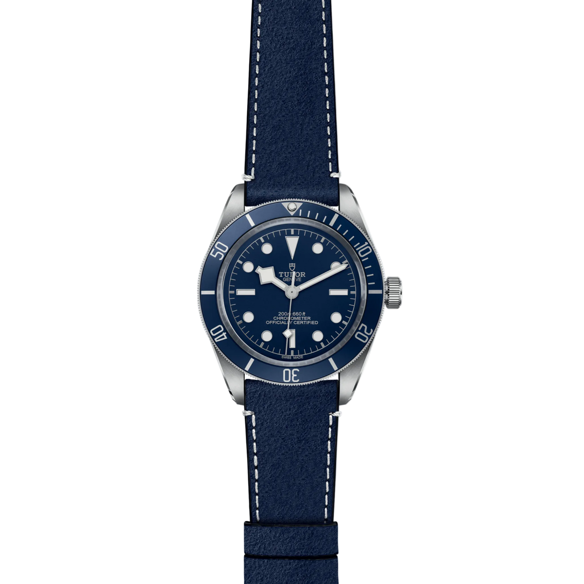 full view of Tudor watch showing the complete blue leather strap and balanced case profile