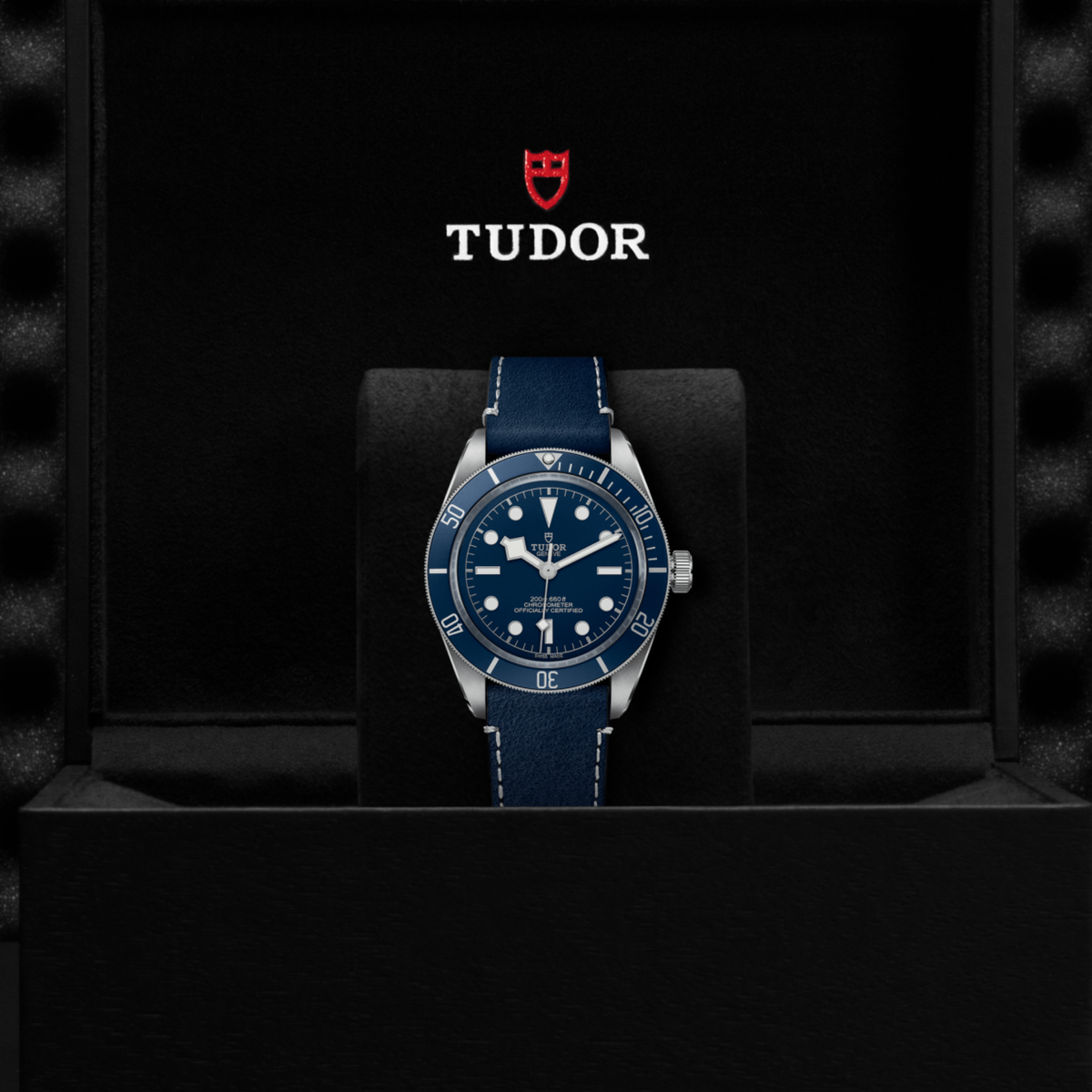 Tudor watch positioned on its side highlighting the case thickness, blue bezel edge and screw-down crown detail