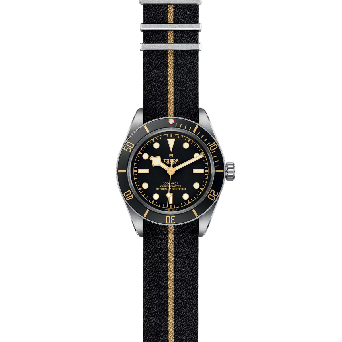 TUDOR Black Bay Fifty-Eight 39mm watch with black dial, black rotating bezel and fabric strap