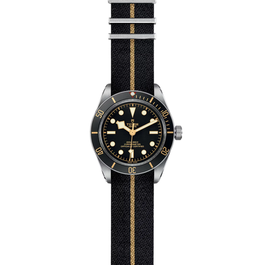 TUDOR Black Bay Fifty-Eight 39mm watch with black dial, black rotating bezel and fabric strap