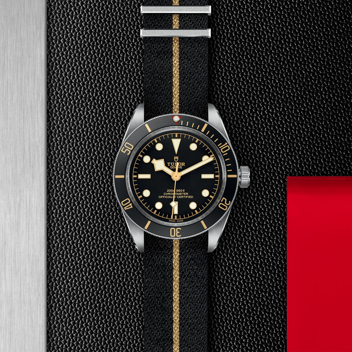 TUDOR Black Bay 58 automatic watch with black domed dial, steel case and black fabric strap