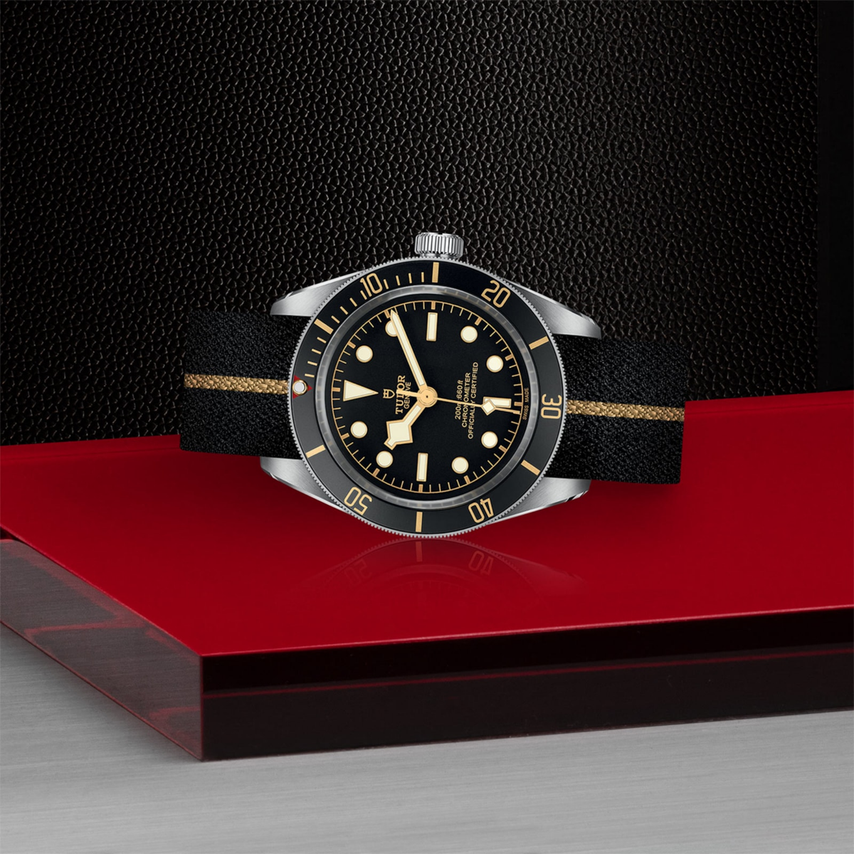 TUDOR Black Bay Fifty-Eight 39mm Swiss dive watch with black dial and gold-striped fabric strap
