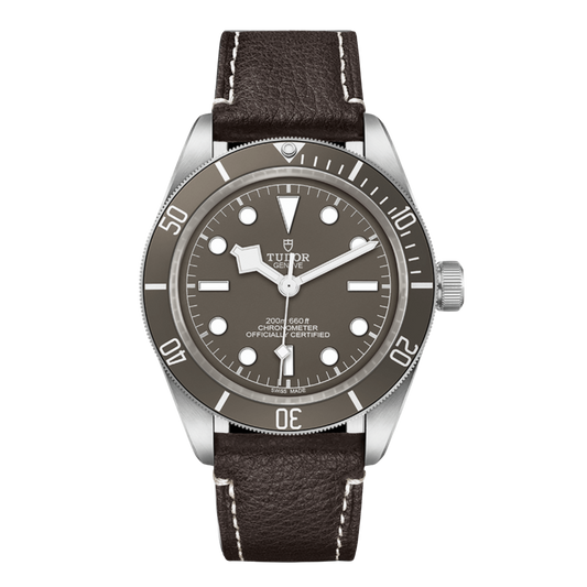 Tudor stainless steel dive watch with taupe dial, luminous hour markers and matching unidirectional bezel on brown leather strap.