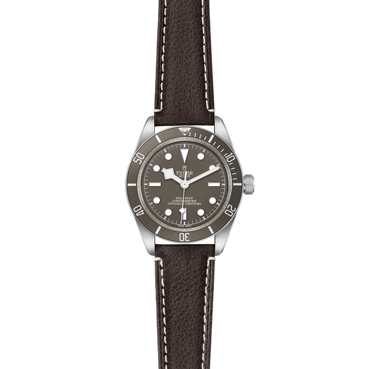 full view of Tudor watch showing the complete brown leather strap and rugged case profile