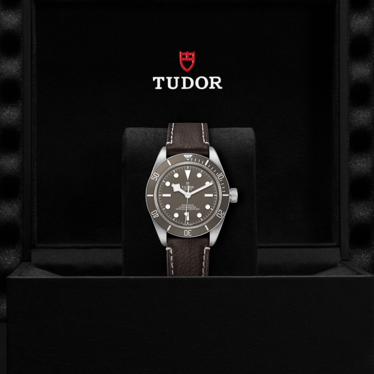 Tudor watch positioned on its side highlighting the case thickness, bezel edge and screw-down crown detail