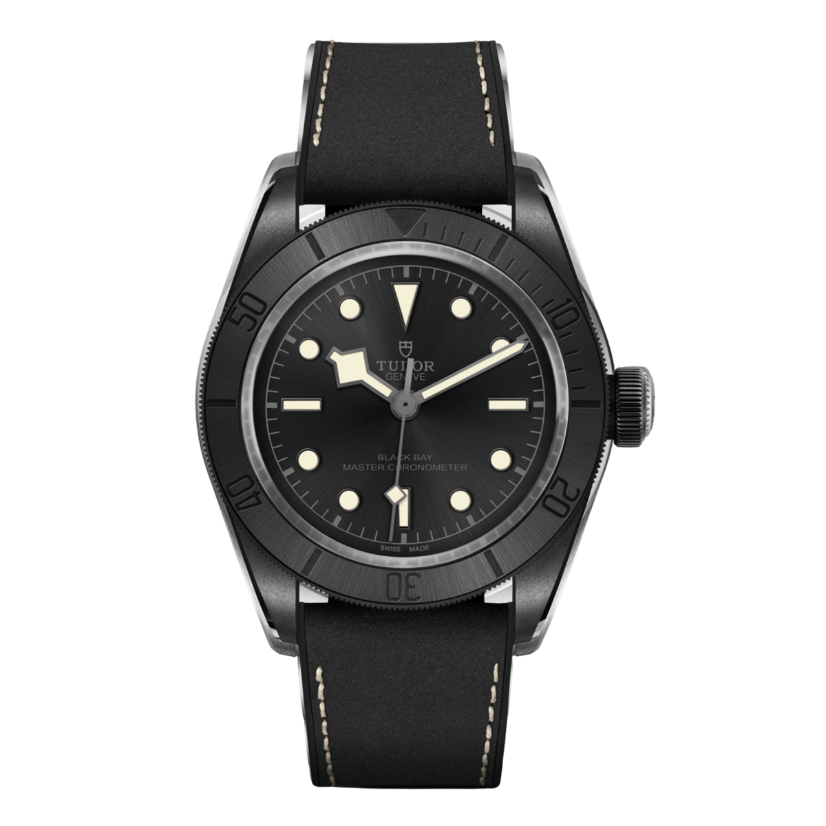 Tudor black case dive watch with black dial, luminous hour markers and black unidirectional bezel on leather strap.