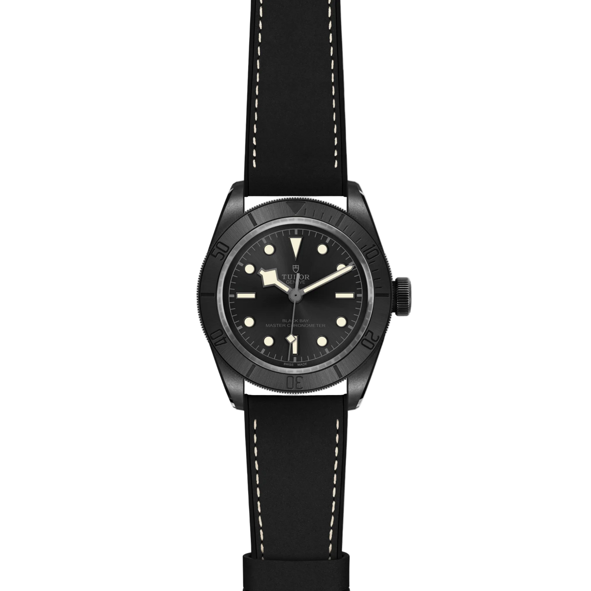 full view of Tudor watch showing the complete black leather strap and stealthy matte case profile