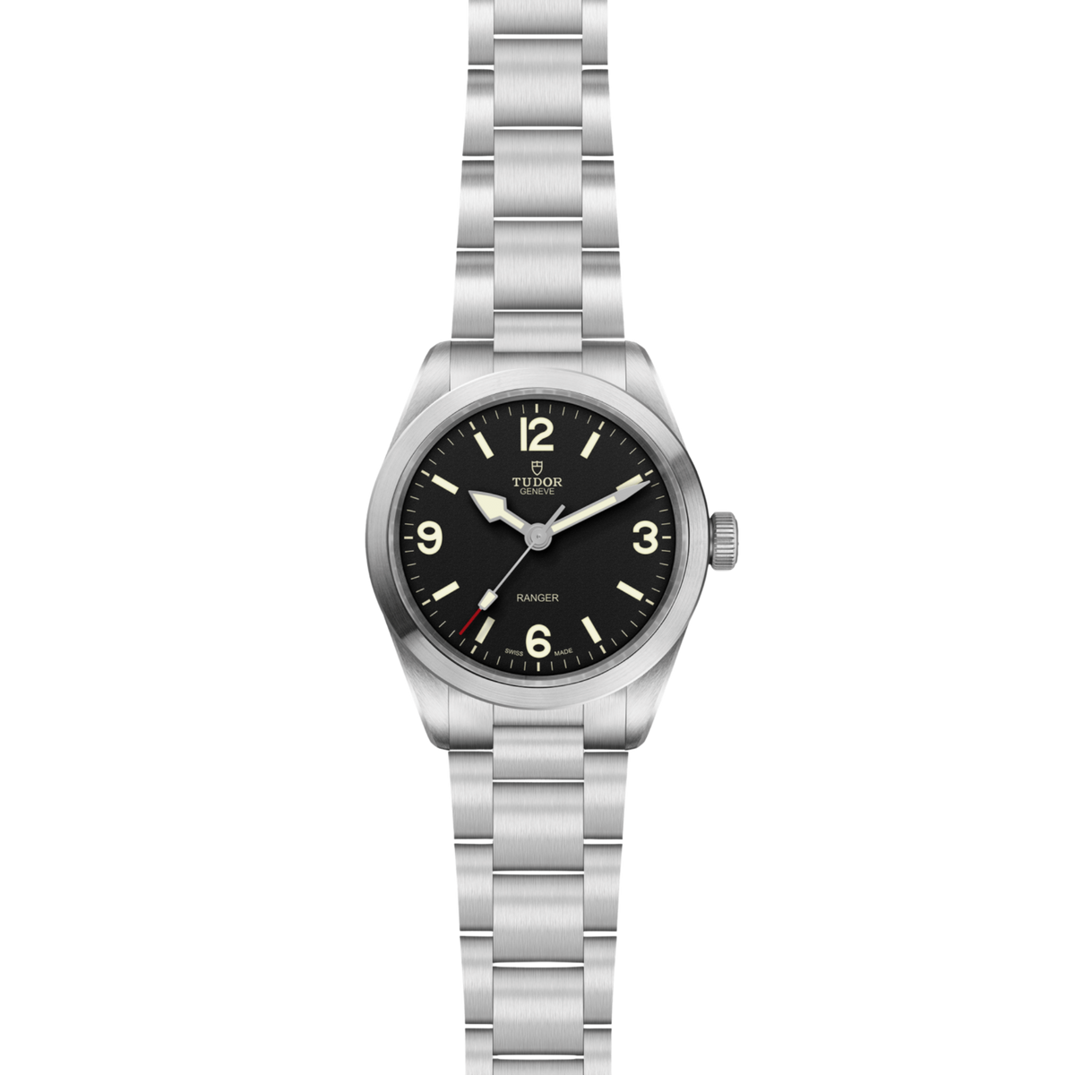 full view of Tudor Ranger highlighting the brushed steel bracelet and smooth case design
